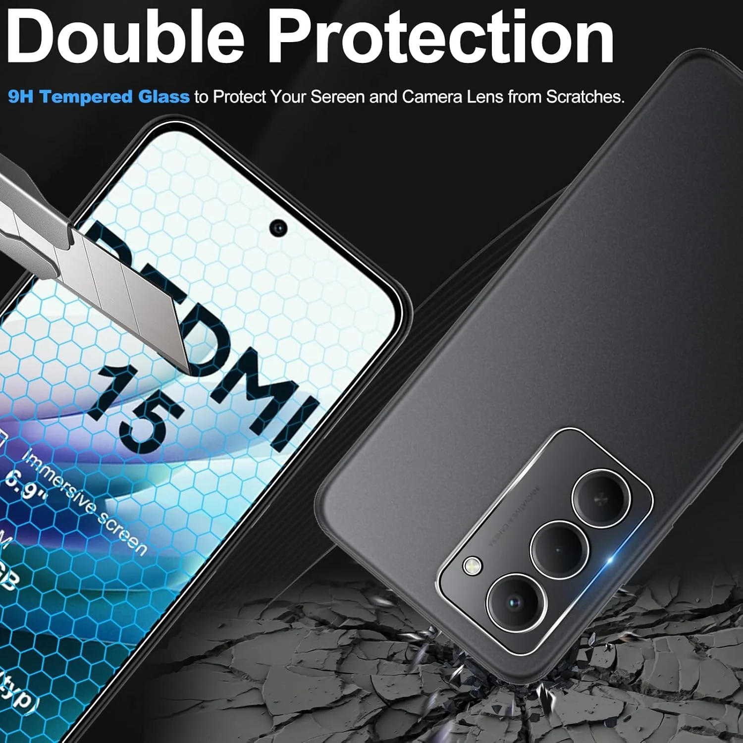 Bihizei Tempered Glass for Xiaomi Redmi 15 4G/5G, 2 Pieces Screen Protector and 2 Pieces Rear Camera Protective Film, 9H Hardness, Anti-Scratch, HD Bihizei Tempered Glass for Xiaomi Redmi 15 4G/5G, 2 Pieces Screen Protector and 2 Pieces Rear Camera Protective Film, 9H Hardness, Anti-Scratch, HD