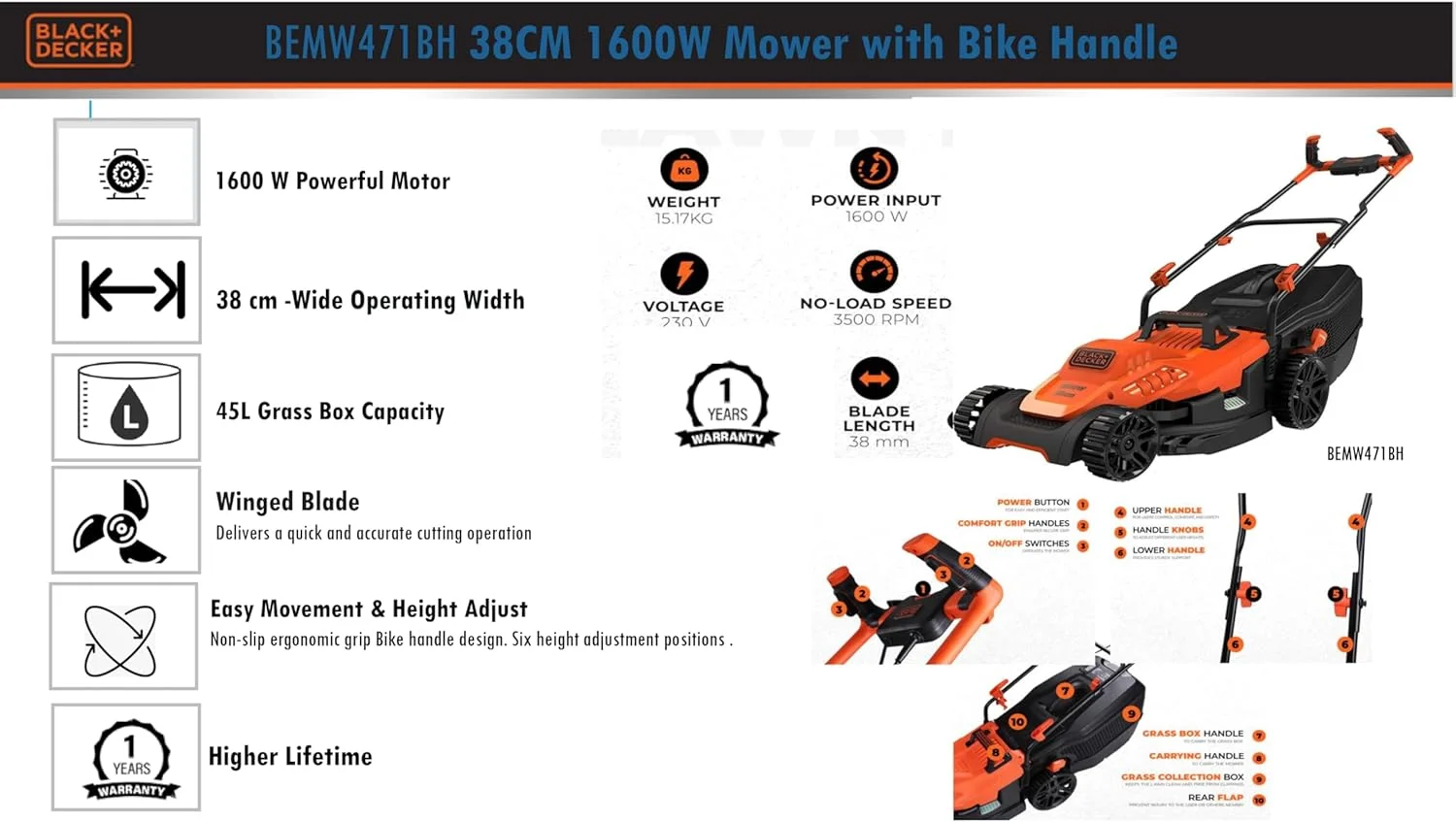 علف زن برقی بلک اند دکر 1600 وات 38 سانتی متری با دسته دوچرخه ای، Bemw471Bh-GB علف زن برقی بلک اند دکر 1600 وات 38 سانتی متری با دسته دوچرخه ای، Bemw471Bh-GB