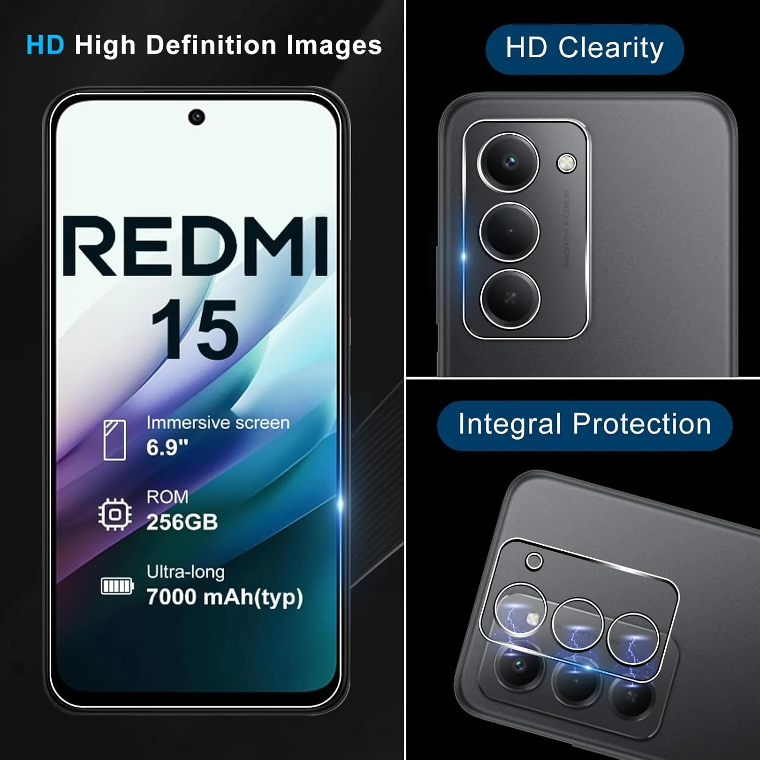 Bihizei Tempered Glass for Xiaomi Redmi 15 4G/5G, 2 Pieces Screen Protector and 2 Pieces Rear Camera Protective Film, 9H Hardness, Anti-Scratch, HD Bihizei Tempered Glass for Xiaomi Redmi 15 4G/5G, 2 Pieces Screen Protector and 2 Pieces Rear Camera Protective Film, 9H Hardness, Anti-Scratch, HD