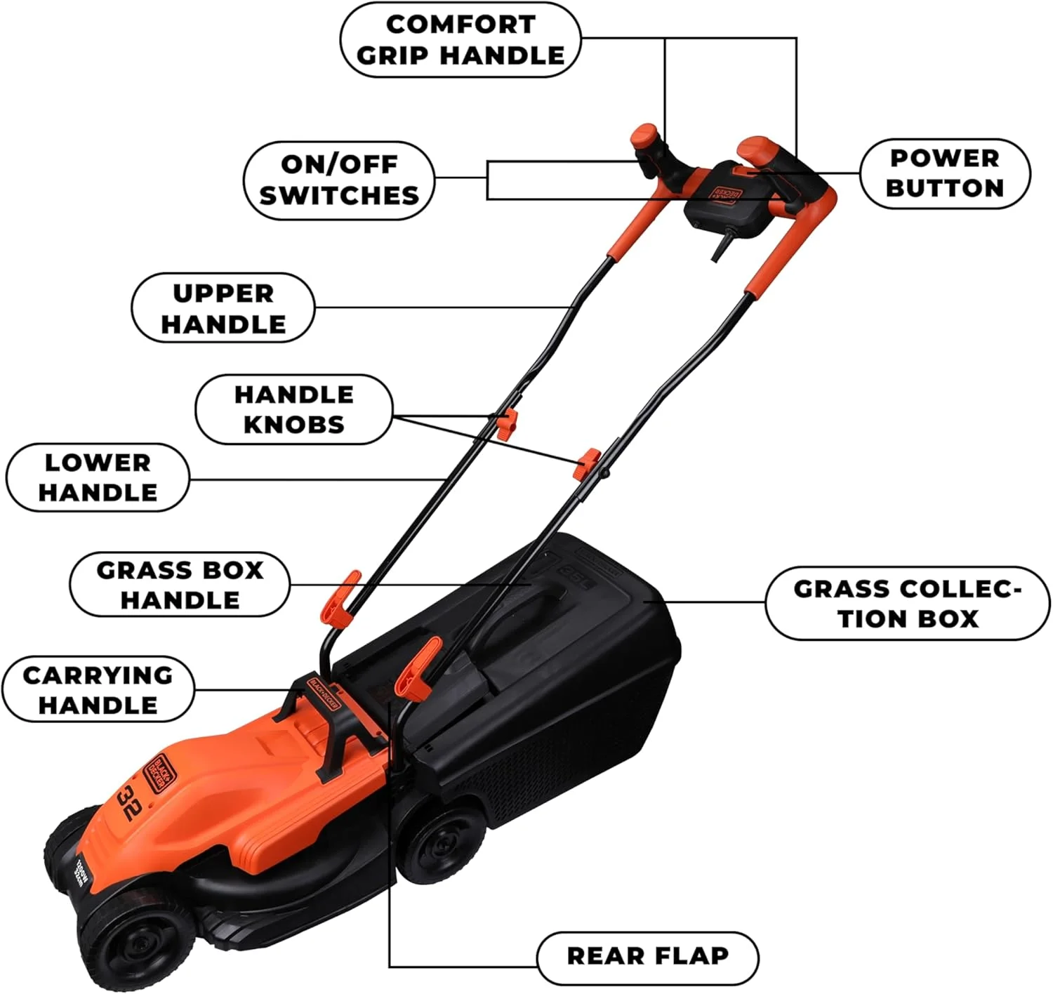 ماشین چمن زنی 1200 وات 32 سانتی متری بلک اند دکر با دسته دوچرخه ای برای چمن و باغ، نارنجی/مشکی - BEMW451BH-GB