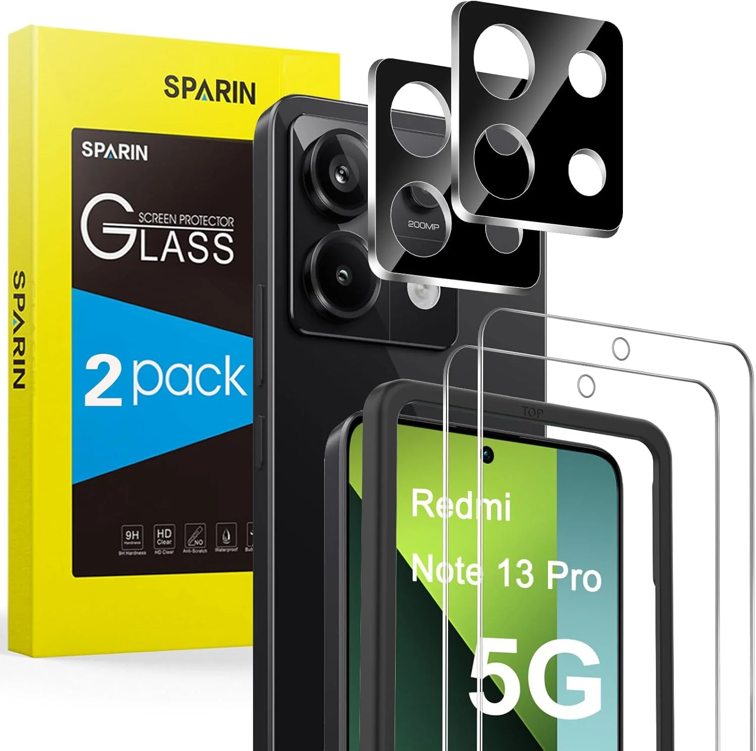 محافظ صفحه نمایش شیشه ای تمپرد اسکرین SPARIN برای گوشی شیائومی Redmi Note 13 Pro 5G، شامل 2 محافظ صفحه نمایش و 2 محافظ دوربین، سختی 9H، ضد خش