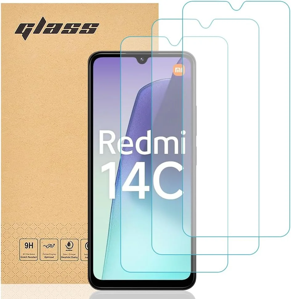 محافظ صفحه نمایش شیشه ای حرارت دیده Totill بسته 3 عددی برای شیائومی Redmi 14C، ضد خش، ضد اثر انگشت، بدون حباب، سختی 9H، 0.3 میلی متر فوق العاده شفاف، فوق العاده مقاوم