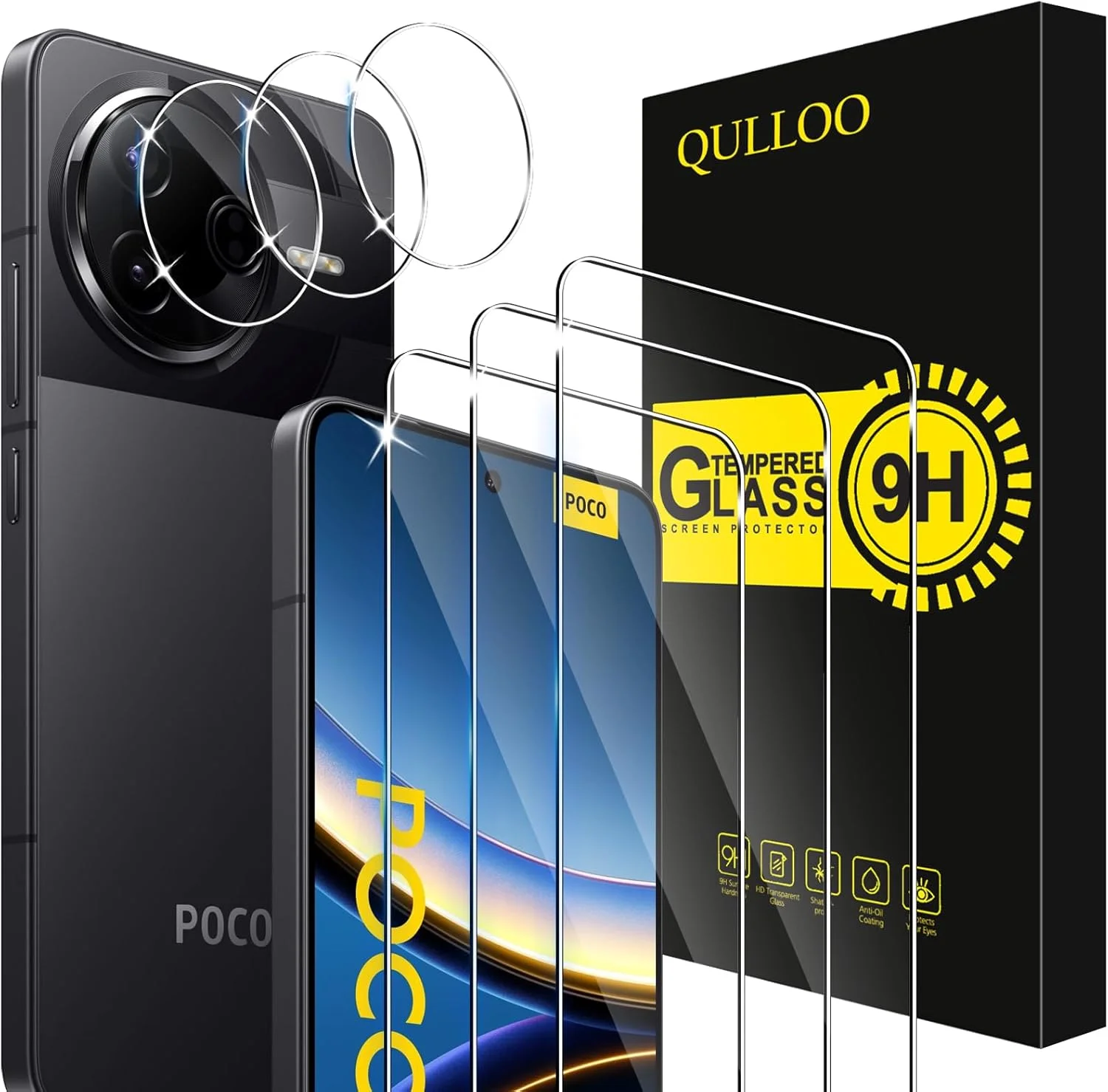 محافظ صفحه نمایش شیشه ای QULLOO برای گوشی شیائومی Poco F7 Pro / F7 Ultra 5G، شامل 3 عدد محافظ صفحه نمایش و 3 عدد محافظ لنز دوربین عقب، محافظ صفحه نمایش با وضوح HD و ضد خش