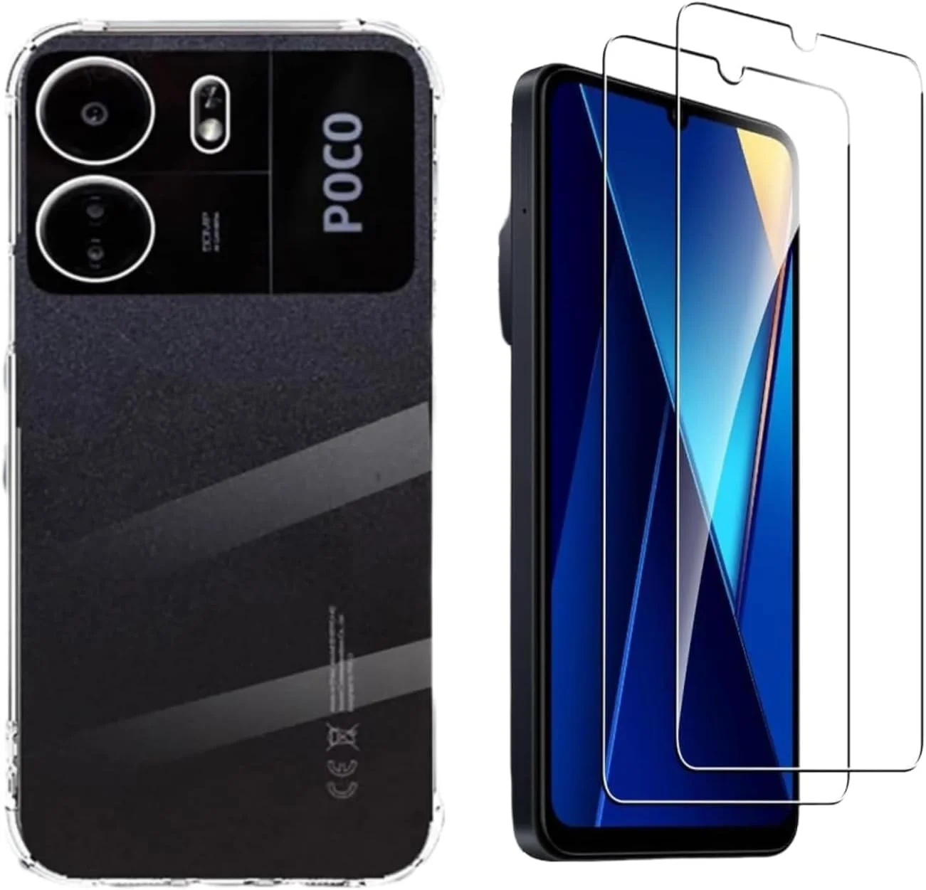 قاب گوشی SCAUA (1+2 عددی) سازگار با گوشی شیائومی Redmi 13C / شیائومی Poco C65 به همراه محافظ صفحه نمایش شیشه ای حرارت دیده، قاب باریک با محافظت در برابر ضربه و سقوط - شفاف
