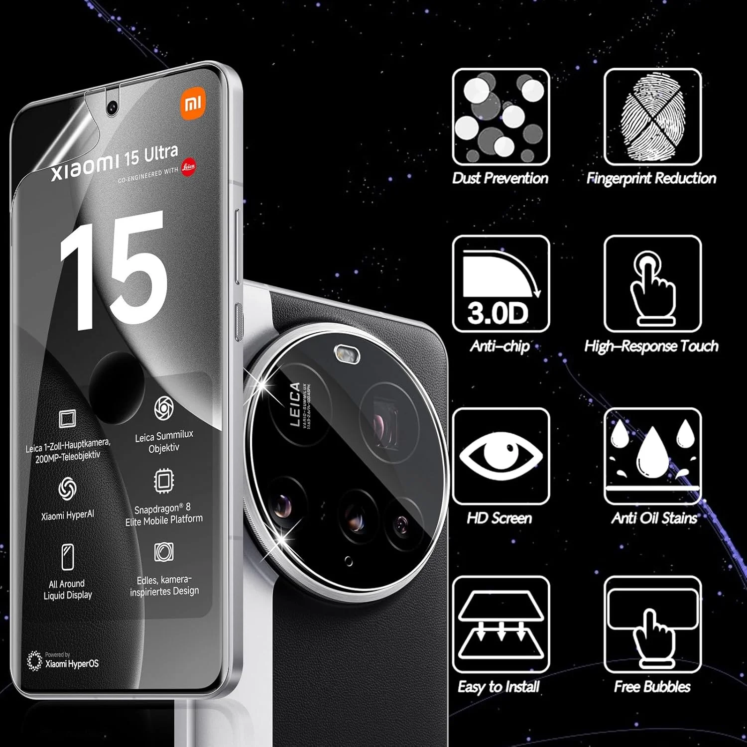 محافظ صفحه نمایش انعطاف پذیر هولیلو برای شیائومی 15 اولترا و محافظ صفحه نمایش شیشه ای تمپر شده دوربین [2+2 تکه]، سختی 9H ضد خش محافظ صفحه نمایش TPU بدون حباب
