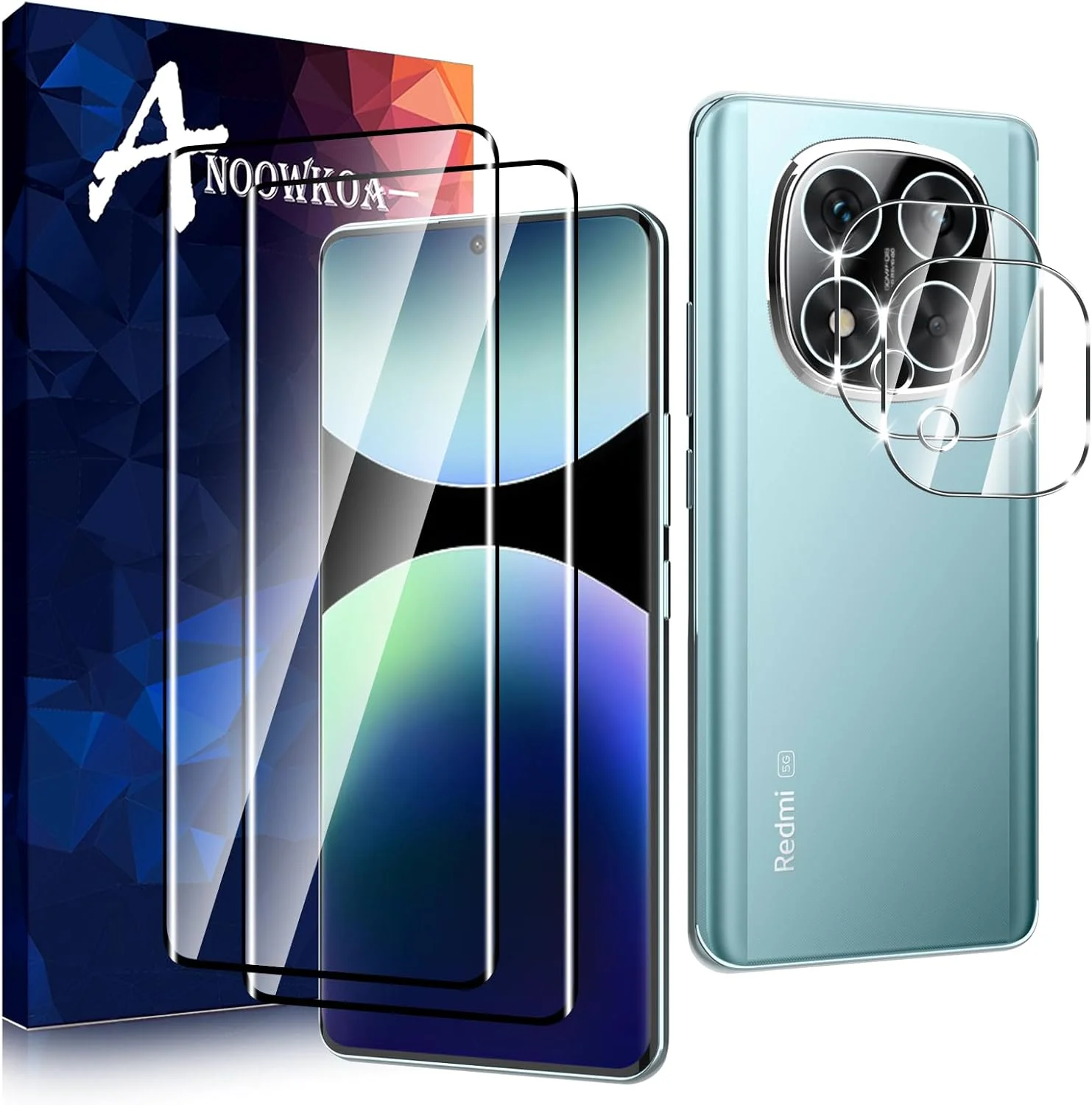 محافظ صفحه نمایش شیشه ای حرارت دیده شفاف آنووکوا (2+2 تکه) مناسب برای گوشی شیائومی Redmi Note 14 Pro Plus 5G به همراه محافظ لنز دوربین پشتی بدون حباب