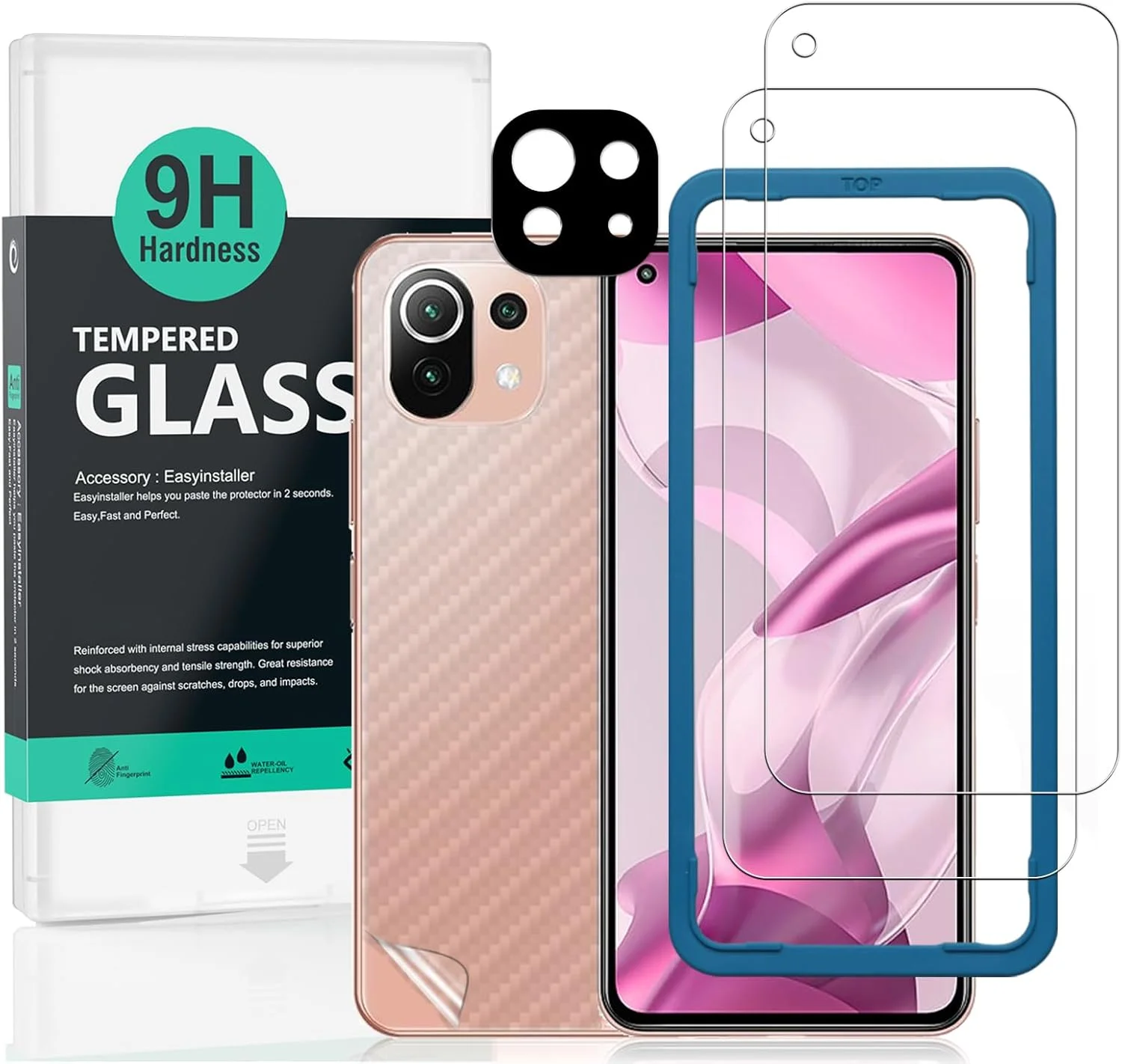 محافظ صفحه نمایش IBYWIND برای Mi 11 Lite 5G/4G/Xiaomi 11 Lite 5G NE، بسته 2 عددی شیشه حرارت دیده با سختی 9H، همراه با 1 عدد محافظ لنز دوربین، 1 عدد فیلم فیبر کربن پشت، نصب آسان
