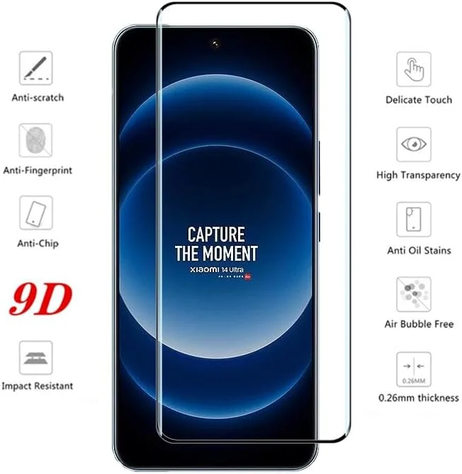 محافظ صفحه نمایش 2+2 Gruattreay به همراه محافظ لنز دوربین سازگار با Xiaomi 14 Ultra، فیلم شیشه ای حرارت دیده با پوشش کامل، مقاوم در برابر خراش با وضوح HD برای Mi 14 Ultra