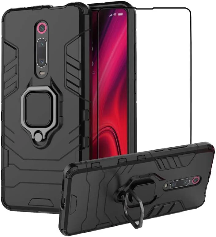 کاور 2ndSpring برای گوشی شیائومی Mi 9T / 9T Pro/Redmi K20 / K20 Pro + محافظ صفحه نمایش شیشه ای حرارت دیده، کاور محافظ هایبریدی مقاوم در برابر ضربه، با پایه نگهدارنده، مشکی