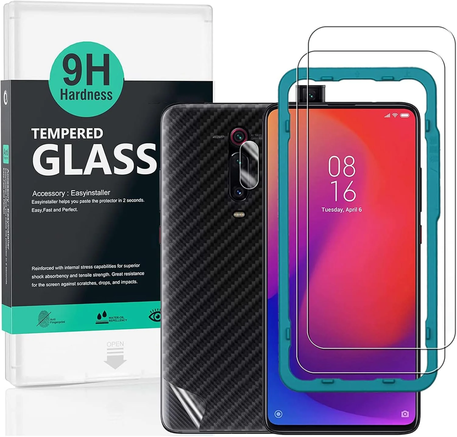 محافظ صفحه نمایش Ibywind برای شیائومی Mi 9T/Redmi K20/K20 Pro سایز 6.39 اینچ، بسته 2 عددی شیشه حرارت دیده با سختی 9H، به همراه 1 عدد محافظ لنز دوربین، 1 عدد برچسب فیبر کربن پشت گوشی، نصب آسان