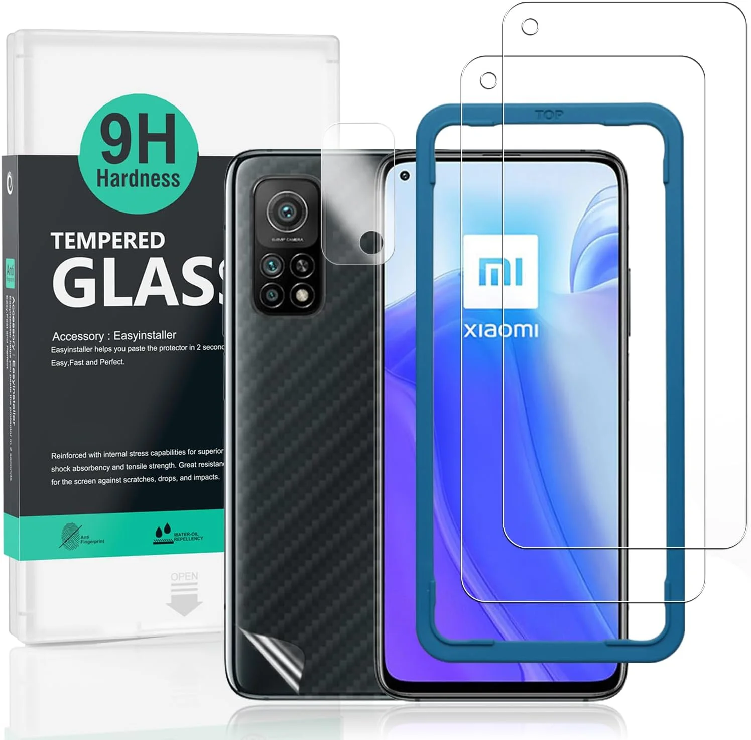 محافظ صفحه نمایش IBYWIND برای شیائومی Mi 10T/Mi 10T Pro سایز 6.67 اینچ، بسته 2 عددی شیشه حرارت دیده با سختی 9H، همراه با 1 عدد محافظ لنز دوربین، 1 عدد برچسب فیبر کربن پشت، نصب آسان