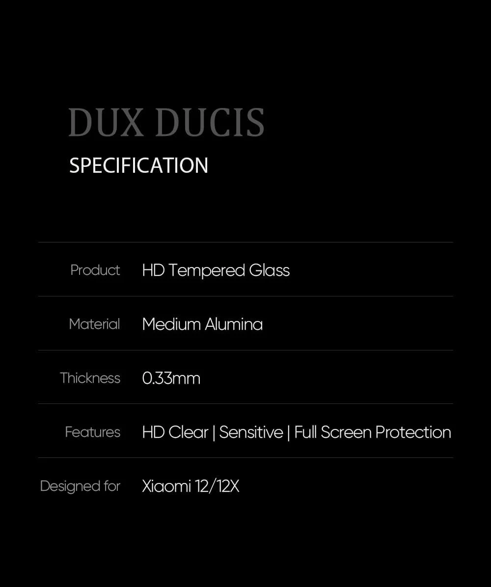 محافظ صفحه نمایش شیشه ای خمیده DUX DUCIS، طراحی شده برای شیائومی 12/12X/12S، شیشه آلومینیوم-سیلیکون 0.33 میلی متری ضد جاسوسی - مشکی (تک عددی)