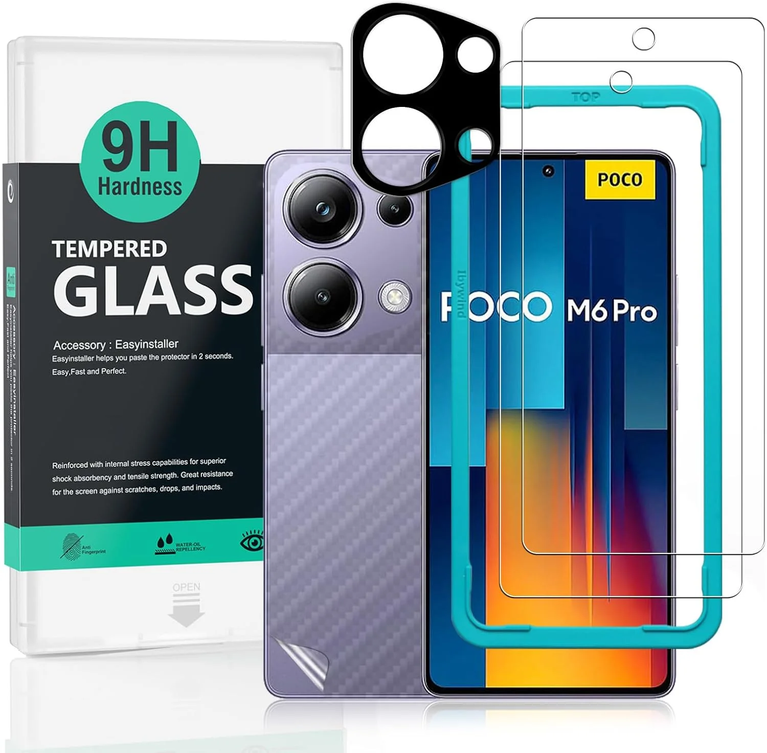محافظ صفحه نمایش 2 عددی Ibywind برای گوشی شیائومی پوکو M6 پرو 4G سایز 6.67 اینچ، شیشه حرارت دیده با سختی 9H، به همراه 1 عدد محافظ لنز دوربین، 1 عدد برچسب فیبر کربن پشت گوشی، نصب آسان، بدون ایجاد حباب، فوق العاده مقاوم