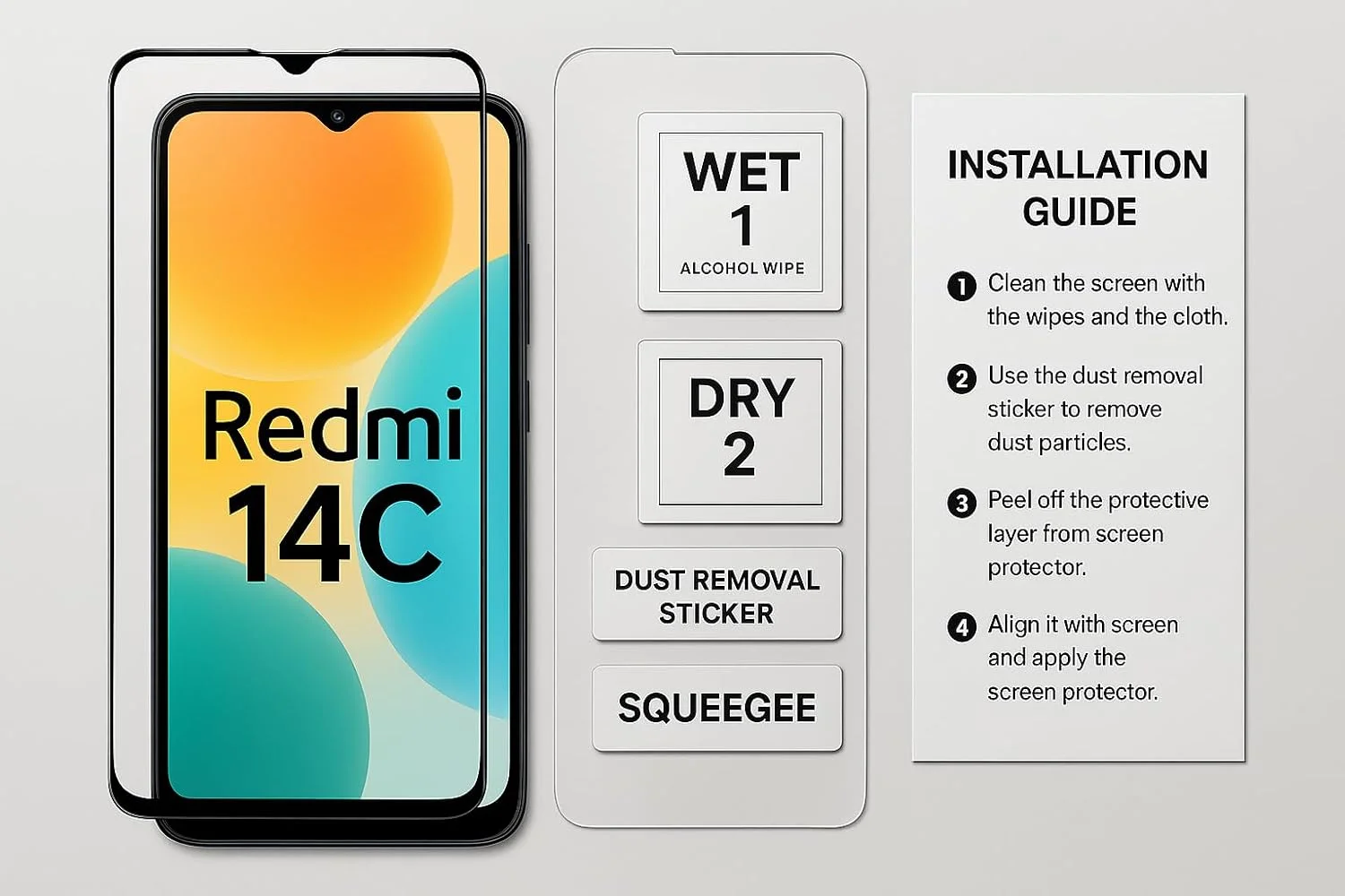 محافظ صفحه نمایش شیشه ای حرارت دیده P[U] MI Redmi 14C، سختی 9H، ضد خش، شفافیت HD، سازگار با قاب، کیت نصب آسان برای شیائومی Redmi 14C