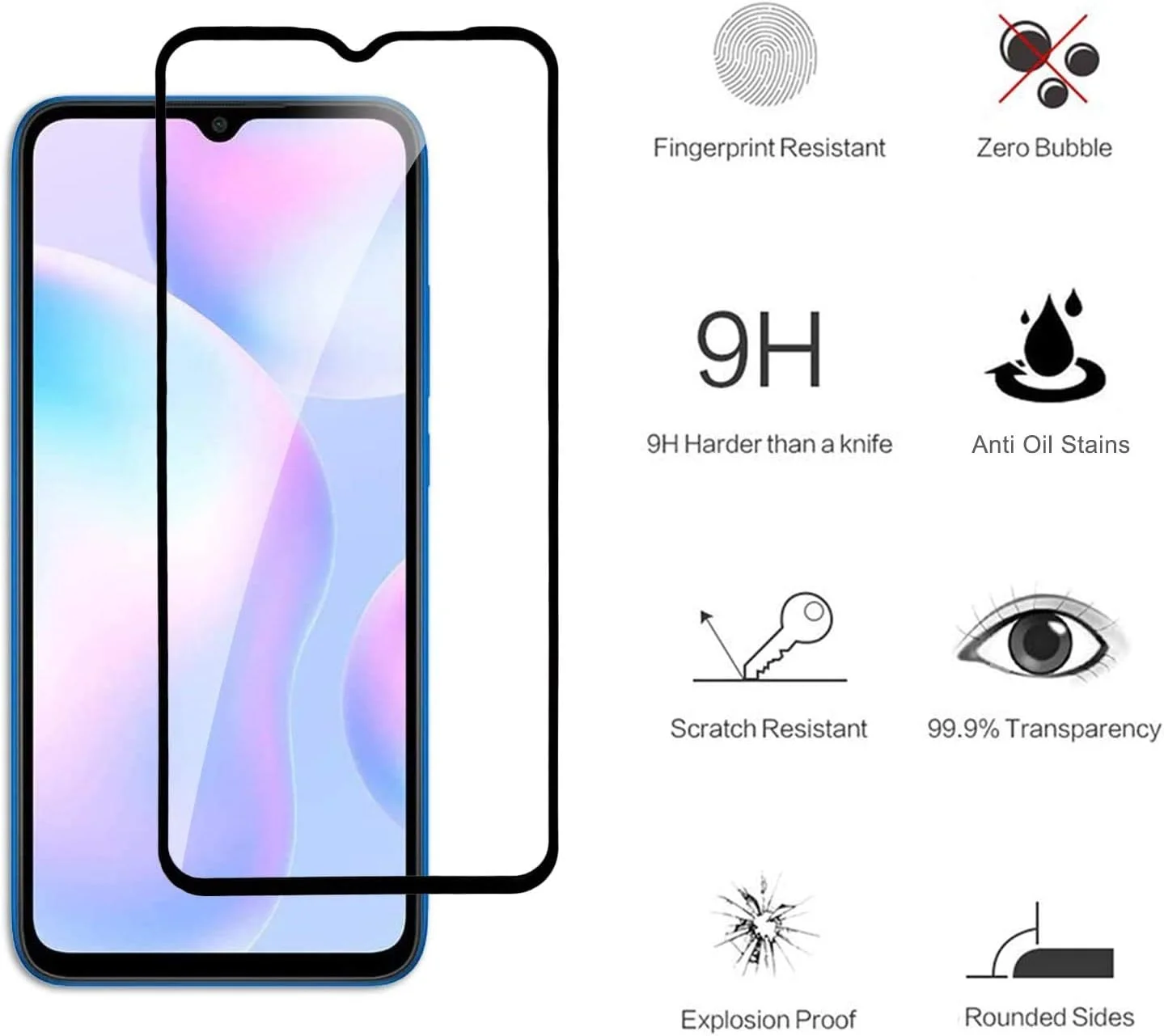 محافظ صفحه نمایش شیشه ای تمپرد Al-HuTrusHi برای شیائومی Redmi 9A [پوشش کامل HD] [نصب آسان] [لبه گرد] [مقاوم در برابر خراش] [سختی 9H] [بدون حباب] فیلم محافظ صفحه