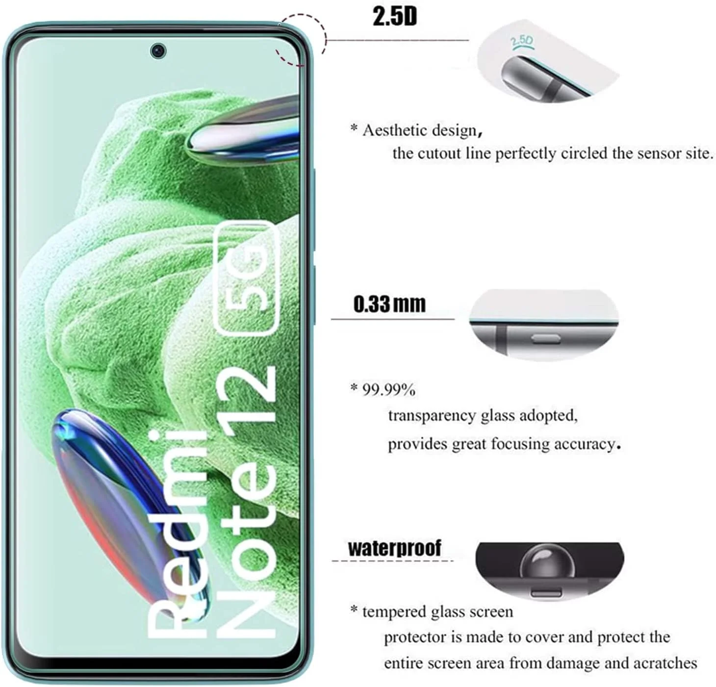 محافظ صفحه نمایش شیشه ای تمپرد ضد خش 9H HD فیلم محافظ گوشی Muzz Xiaomi Redmi Note 12 برای Redmi Note 12 5G شفاف