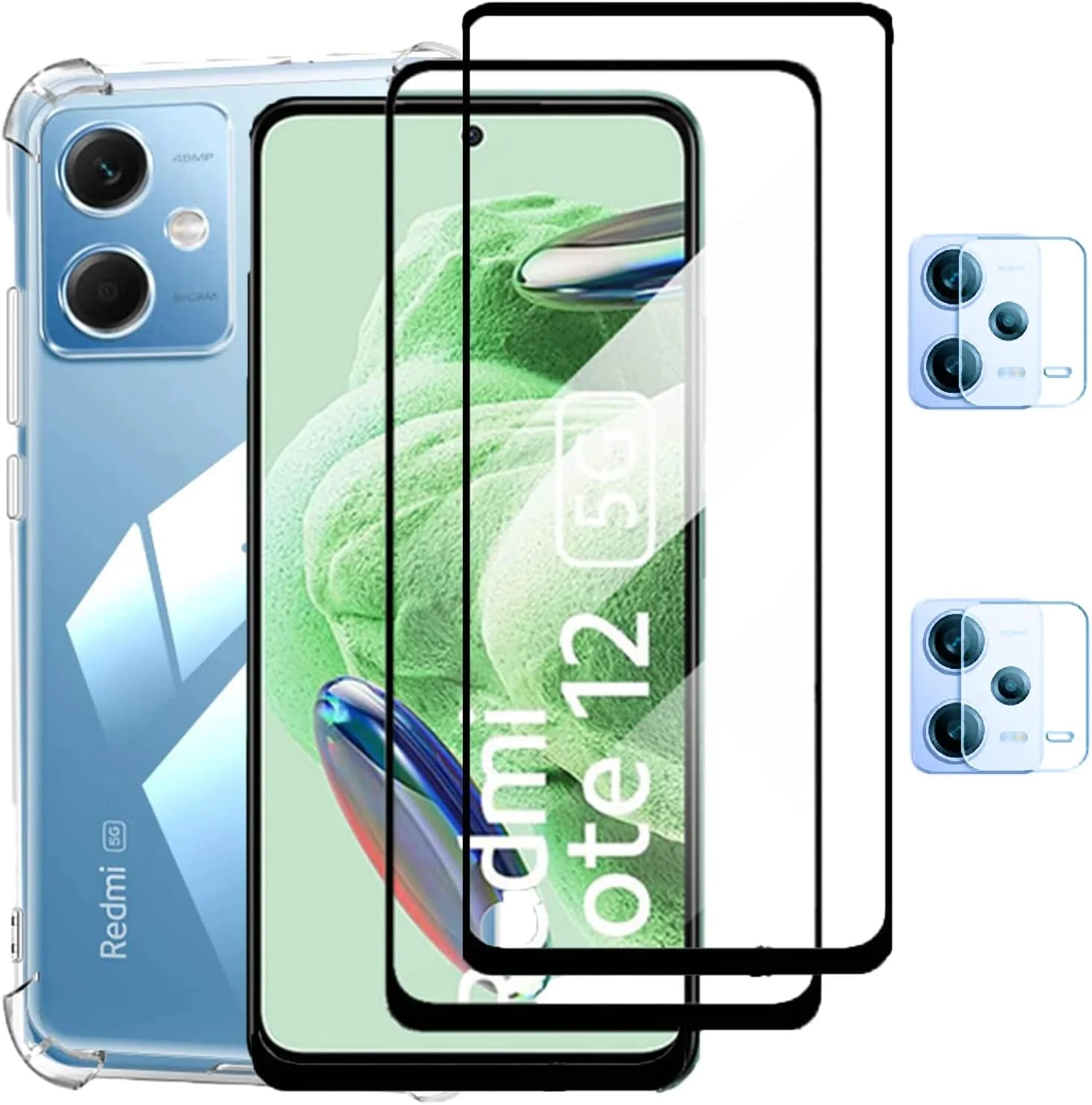 Hugewth [1+2+2PCS] سازگار با شیائومی Redmi Note 12 5G، قاب شفاف، محافظ صفحه نمایش و محافظ لنز دوربین، پوشش شفاف، فیلم شیشه ای حرارت دیده تمام صفحه HD (شفاف)