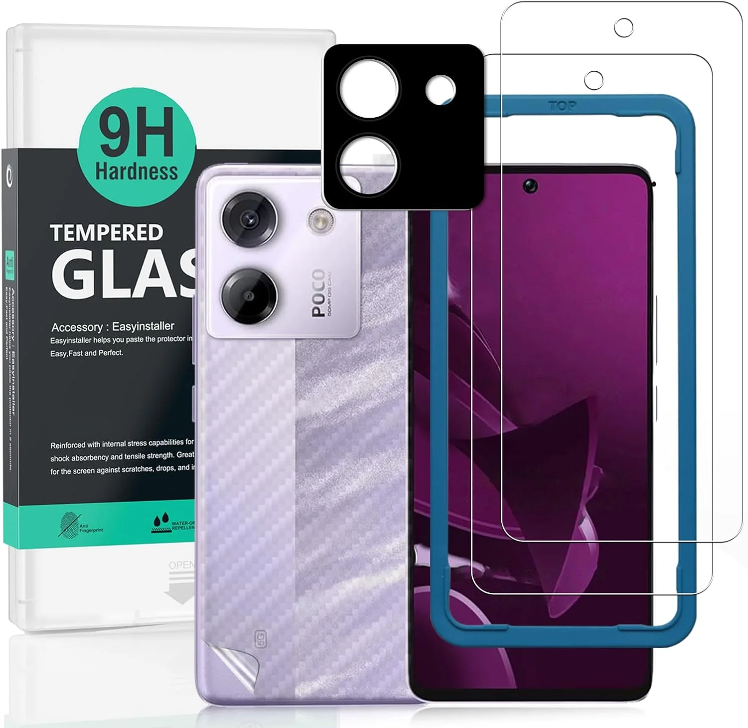 محافظ صفحه نمایش 2 عددی Ibywind برای گوشی شیائومی پوکو M7 پرو 5G سایز 6.67 اینچ، شیشه حرارت دیده با سختی 9H، به همراه 1 عدد محافظ لنز دوربین، 1 عدد محافظ پشت گوشی فیبر کربنی، نصب آسان