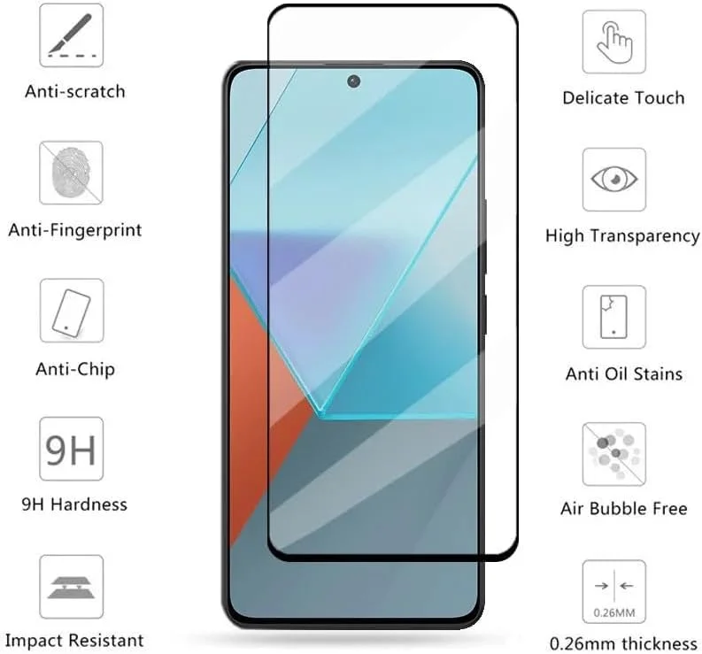 محافظ صفحه نمایش شیشه ای حرارت دیده Zubitech برای شیائومی Redmi Note 13 پوشش کامل، سختی 9H، ضد اثر انگشت، ضد خش، شفافیت HD برای Redmi Note 13 (1)