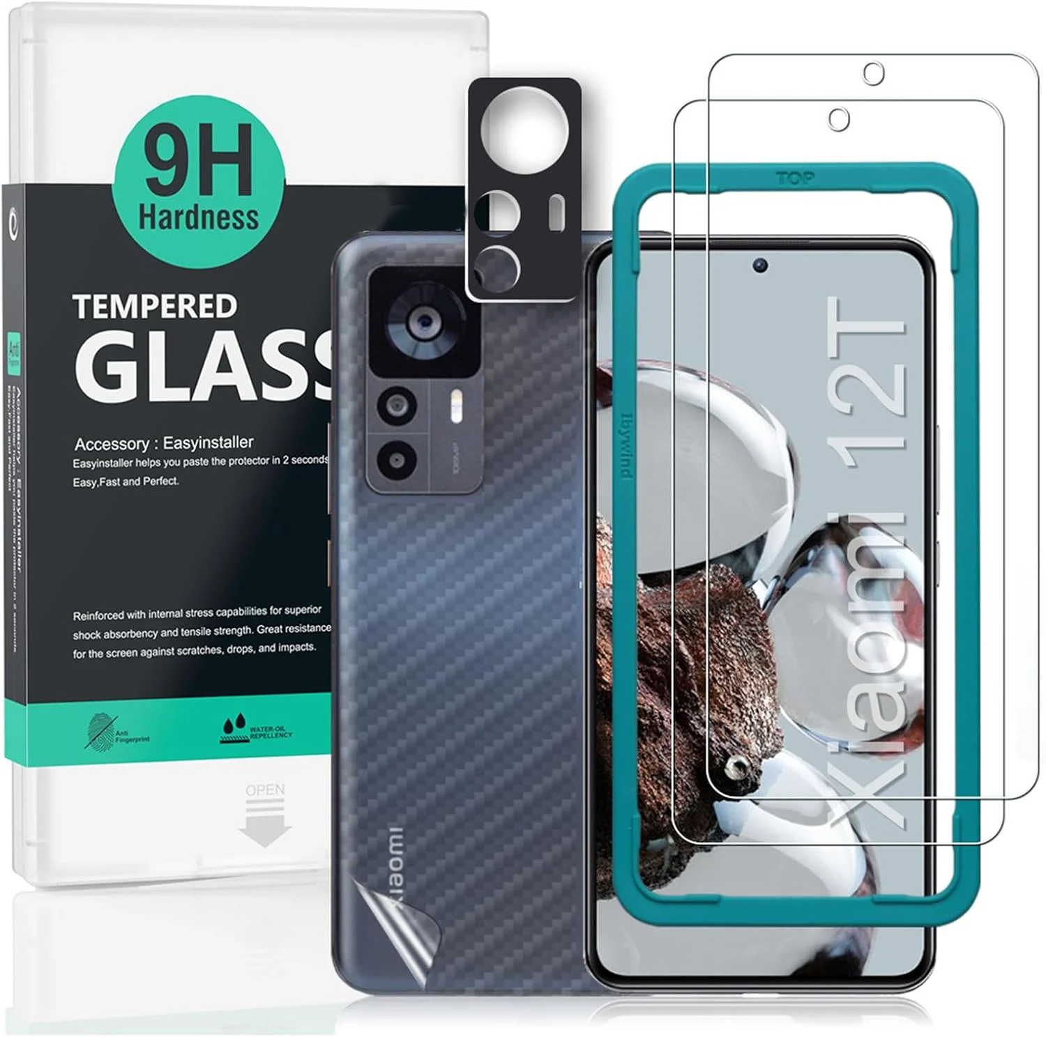 محافظ صفحه نمایش شیشه ای Ibywind برای شیائومی 12T 5G، سایز 6.67 اینچ، بسته 2 عددی، سختی 9H، به همراه 1 عدد محافظ لنز دوربین و 1 عدد برچسب فیبر کربن پشت گوشی، نصب آسان