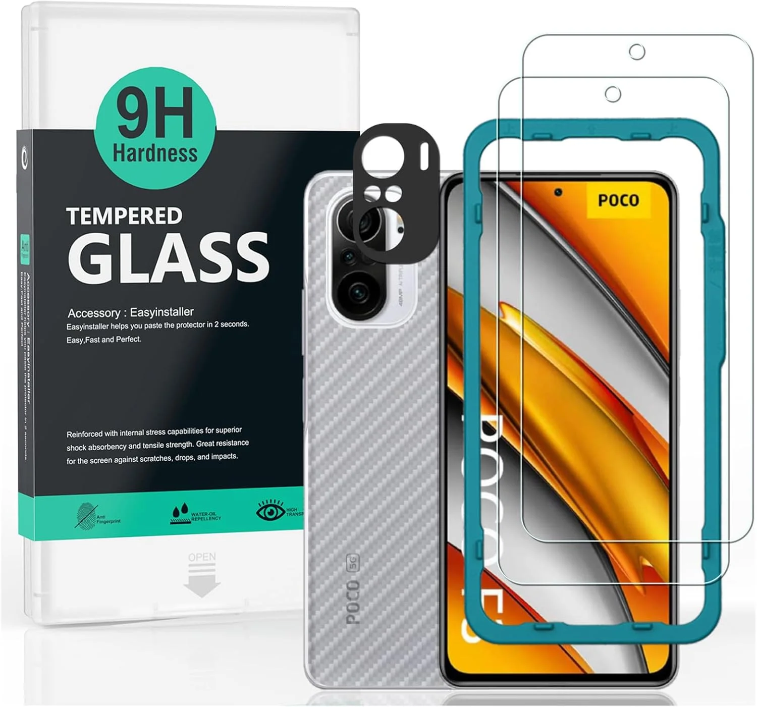 محافظ صفحه نمایش شیشه ای Ibywind برای گوشی POCO F3 5G/Xiaomi Mi 11i 5G، بسته 2 عددی، سختی 9H، به همراه 1 عدد محافظ لنز دوربین، 1 عدد برچسب فیبر کربن پشت، نصب آسان