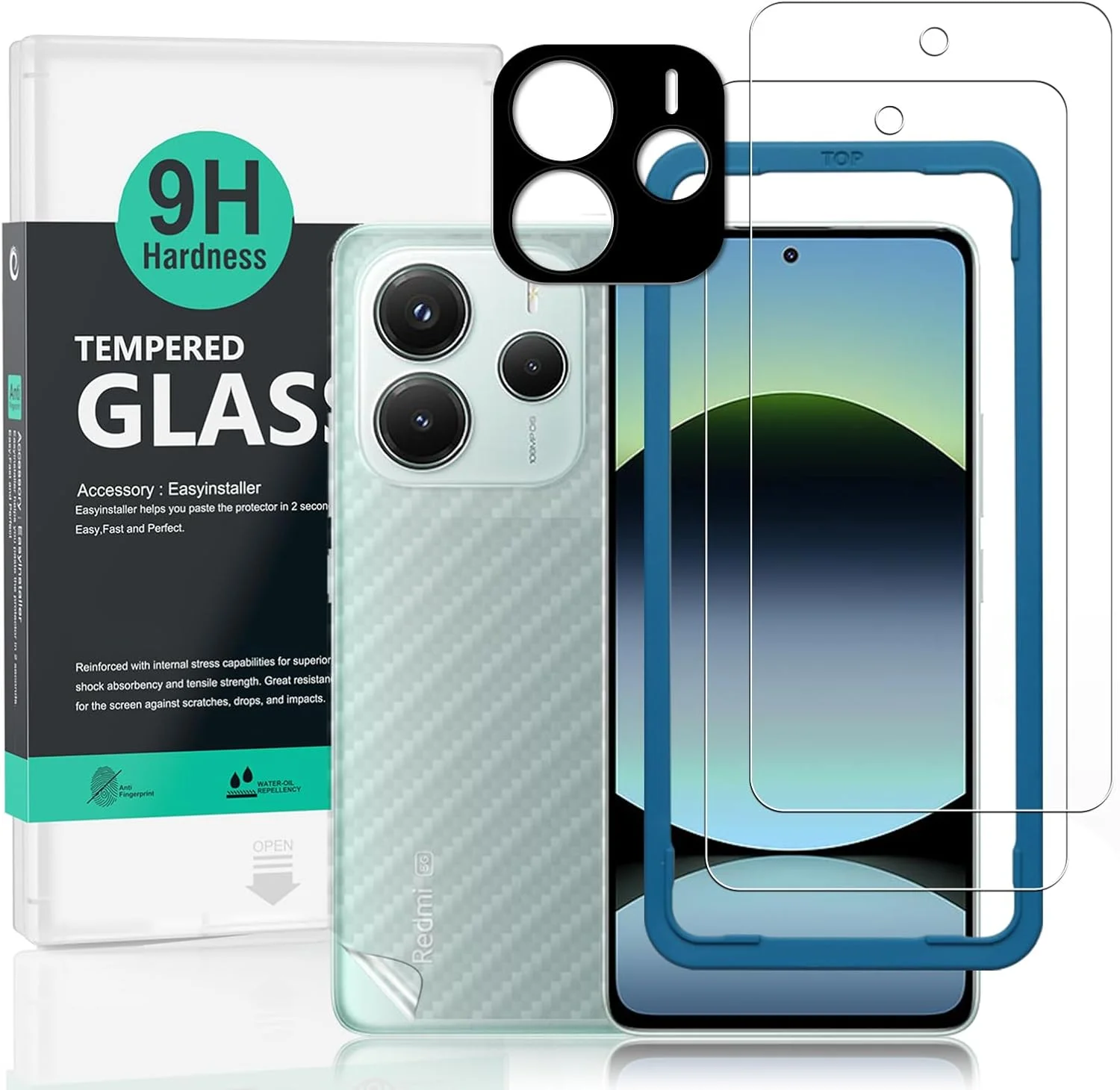 محافظ صفحه نمایش 2 عددی Ibywind برای گوشی شیائومی Redmi Note 14 5G با ابعاد 6.67 اینچ، شیشه حرارت دیده با سختی 9H، به همراه 1 عدد محافظ لنز دوربین، 1 عدد برچسب فیبر کربن پشت گوشی، نصب آسان