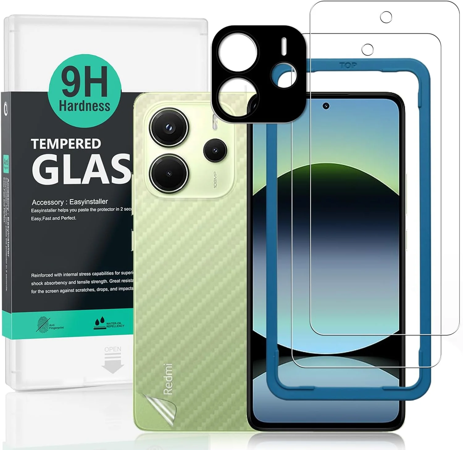 محافظ صفحه نمایش 2 عددی Ibywind برای گوشی شیائومی Redmi Note 14 4G با ابعاد 6.67 اینچ، شیشه حرارت دیده با سختی 9H، به همراه 1 عدد محافظ لنز دوربین، 1 عدد محافظ پشت گوشی فیبر کربنی، نصب آسان