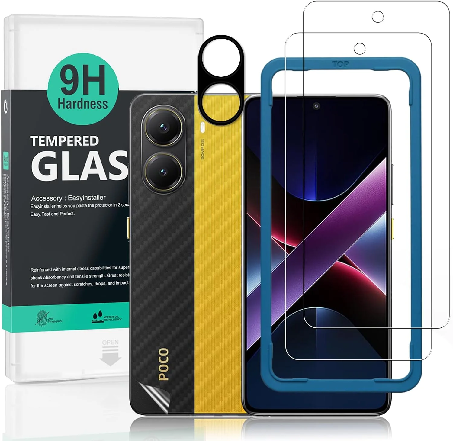 محافظ صفحه نمایش 2 عددی Ibywind برای گوشی شیائومی پوکو X7 پرو 5G سایز 6.67 اینچ، شیشه حرارت دیده با سختی 9H، به همراه 1 عدد محافظ لنز دوربین، 1 عدد محافظ پشت گوشی فیبر کربنی، نصب آسان