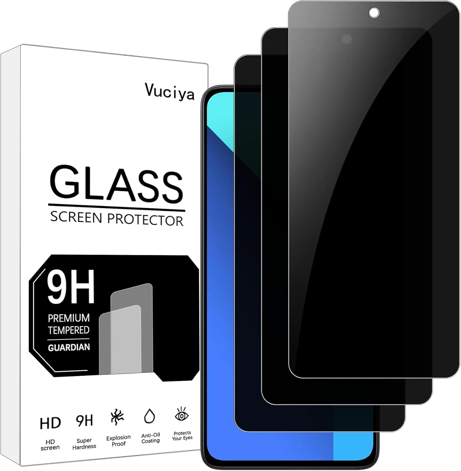 محافظ صفحه نمایش حریم خصوصی Vuciya بسته 3 عددی سازگار با Xiaomi Redmi Note 13 Pro/Redmi Note 13، فیلم محافظ ضد جاسوسی شیشه حرارت دیده سختی 9H ضد خش برای Redmi Note 13 Pro