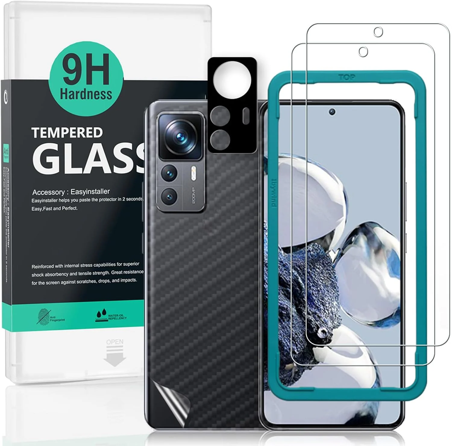 محافظ صفحه نمایش Ibywind برای گوشی شیائومی 12T Pro 5G (6.67 اینچ)، شامل 2 عدد شیشه حرارت دیده، 1 عدد محافظ لنز دوربین، 1 عدد فیلم محافظ فیبر کربنی پشتی [حسگر اثر انگشت، نصب آسان، سختی 9H، فوق العاده شفاف]