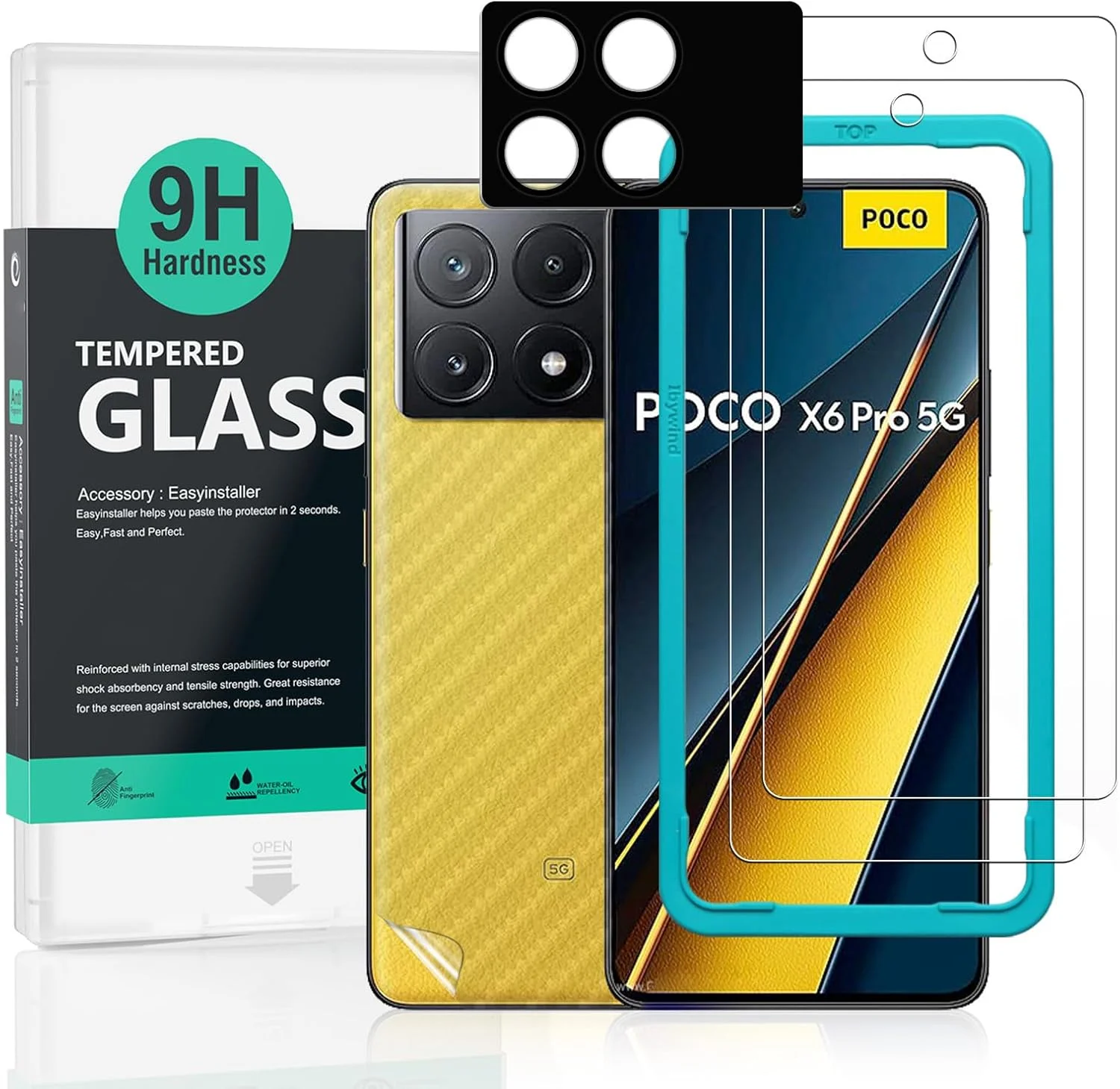 محافظ صفحه نمایش 2 عددی Ibywind برای گوشی شیائومی پوکو X6 پرو 5G 6.67 اینچی، شیشه حرارت دیده با سختی 9H، همراه با 1 عدد محافظ لنز دوربین، 1 عدد فیلم فیبر کربن پشت، نصب آسان، حسگر اثر انگشت، ضد خش، HD