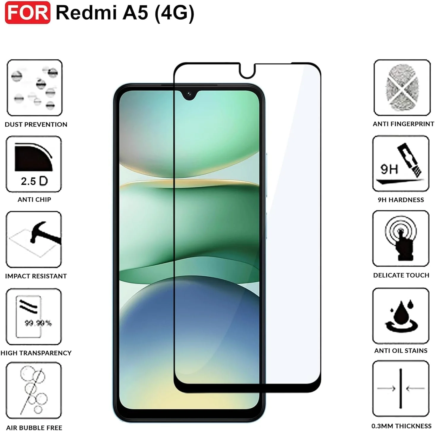 محافظ صفحه نمایش شیشه ای تمپرد فول چسب لبه به لبه ضد خش و بدون حباب برای شیائومی ردمی A5 محافظ صفحه نمایش شیشه ای تمپرد فول چسب لبه به لبه ضد خش و بدون حباب برای شیائومی ردمی A5