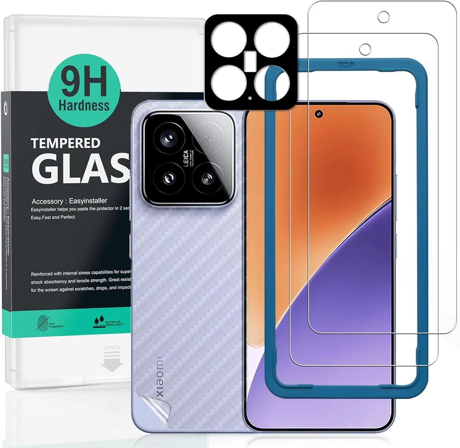 محافظ صفحه نمایش دوتایی Ibywind برای شیائومی 15 5G 6.36 اینچی، شیشه حرارت دیده با سختی 9H، همراه با 1 عدد محافظ لنز دوربین، 1 عدد فیلم فیبر کربن پشت، نصب آسان، ضد ضربه، فوق العاده شفاف، ضد خش