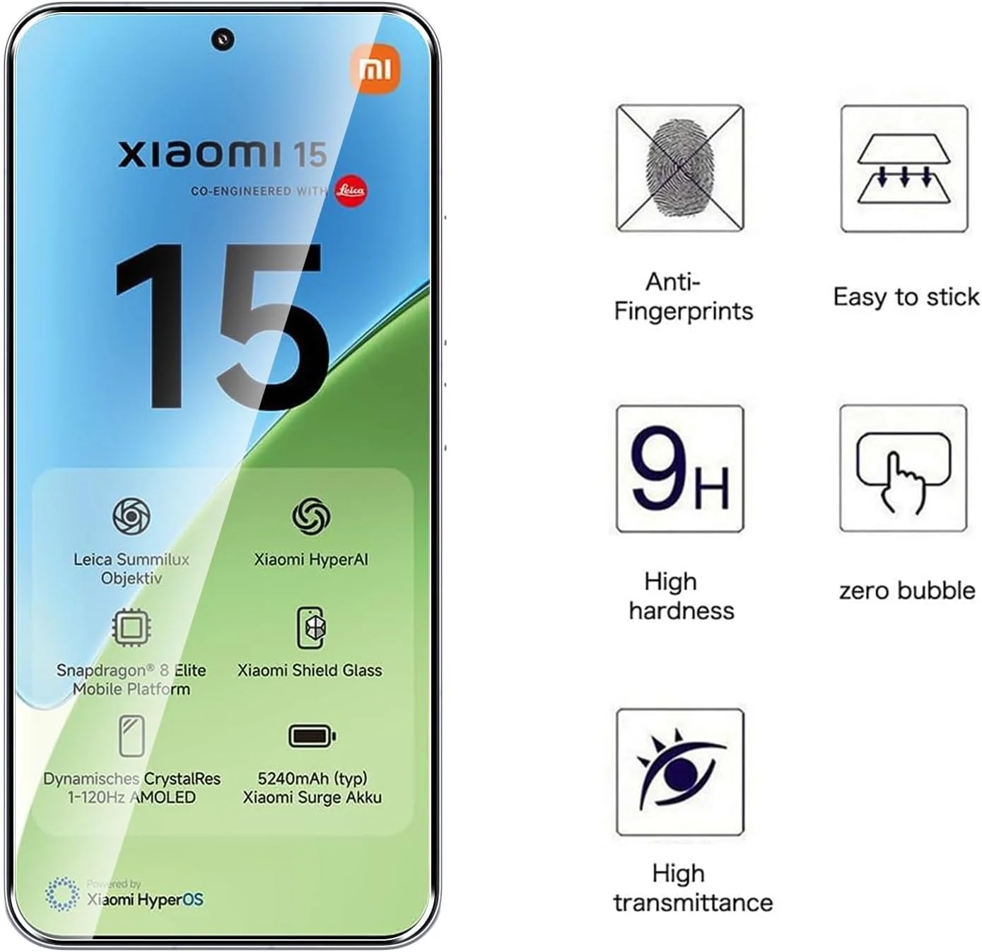 [بسته 2 عددی] محافظ صفحه نمایش شیشه ای حرارت دیده WRTBS برای شیائومی 15 5G، سختی 9H، وضوح بالا، پوشش کامل، ضد خش، بدون حباب، ضد اثر انگشت