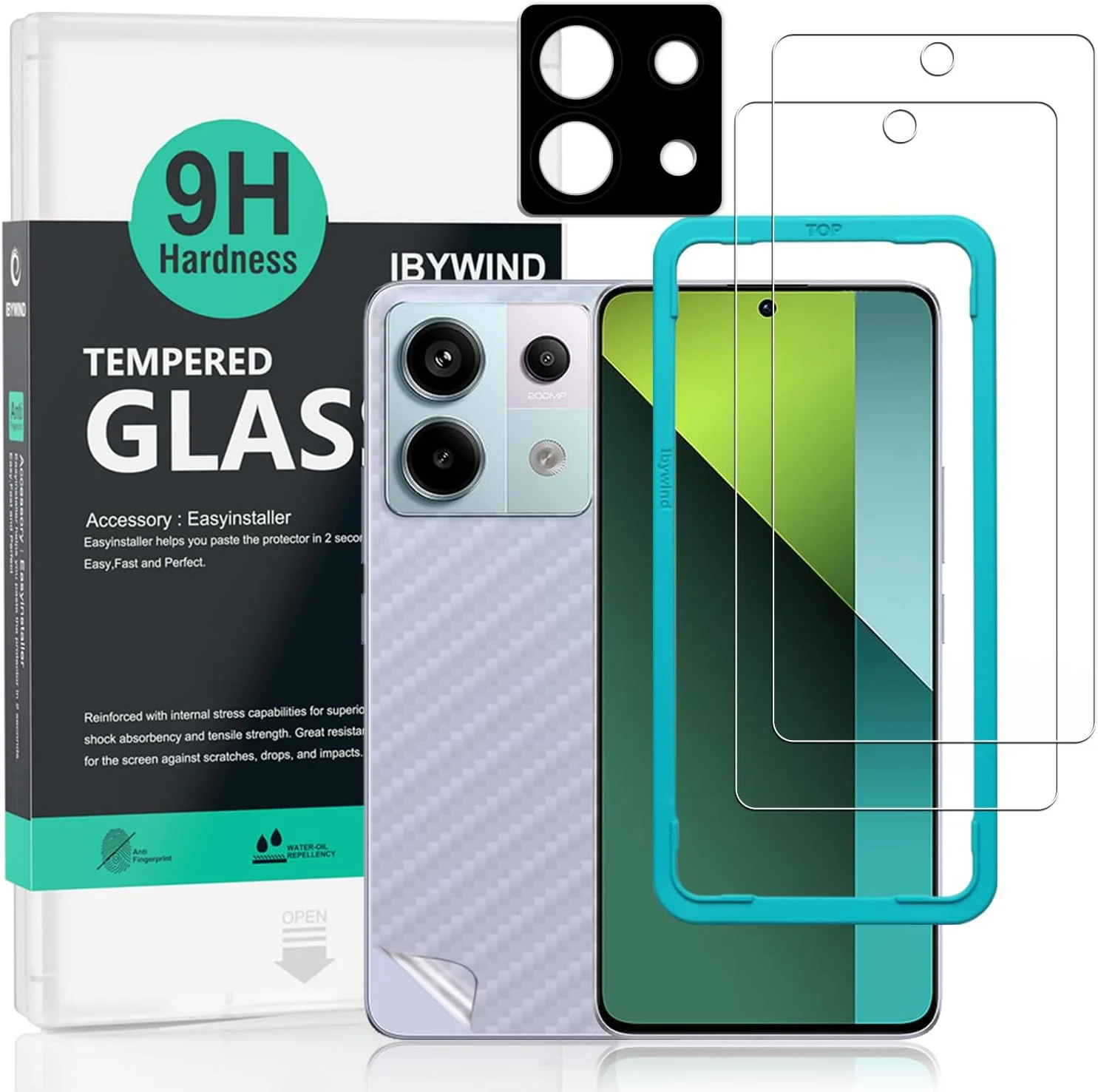 محافظ صفحه نمایش 2 عددی Ibywind برای گوشی شیائومی Redmi Note 13 Pro 5G/Poco X6 5G 6.67 اینچی، شیشه حرارت دیده با سختی 9H، همراه با 1 عدد محافظ لنز دوربین، 1 عدد فیلم فیبر کربن پشت، نصب آسان