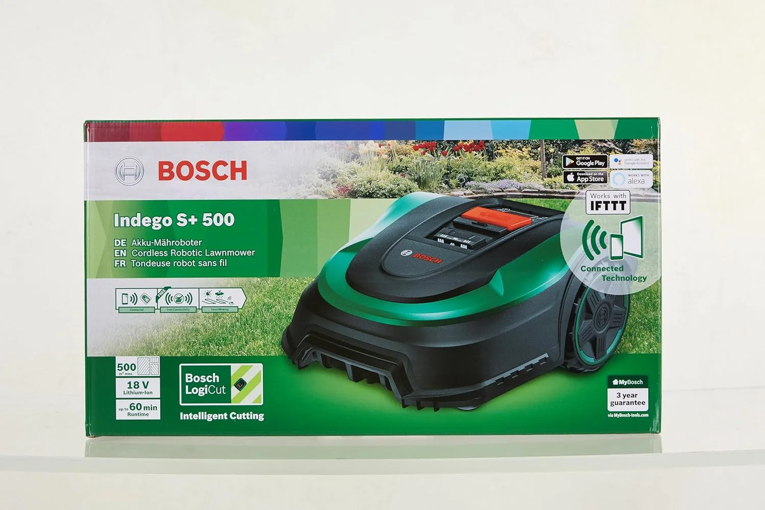 چمن زن رباتیک بوش مدل Home and Garden Indego S+ 500 (به همراه باتری 18 ولت و عملکرد برنامه، شامل ایستگاه شارژ، عرض برش 19 سانتی متر، برای چمن تا 500 متر مربع، در جعبه)، مشکی، سبز
