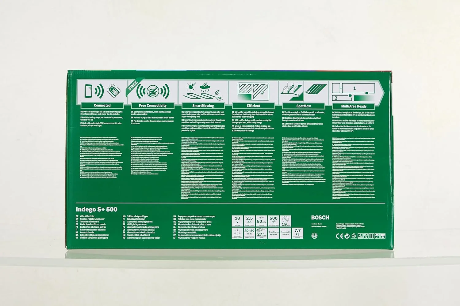 چمن زن رباتیک بوش مدل Home and Garden Indego S+ 500 (به همراه باتری 18 ولت و عملکرد برنامه، شامل ایستگاه شارژ، عرض برش 19 سانتی متر، برای چمن تا 500 متر مربع، در جعبه)، مشکی، سبز