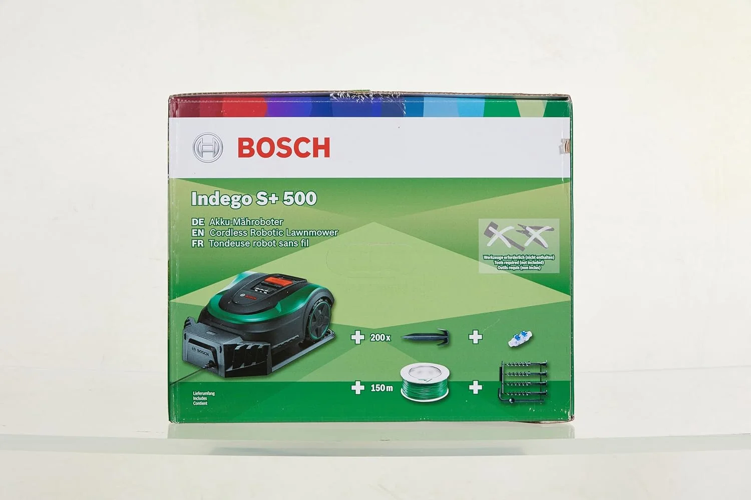 چمن زن رباتیک بوش مدل Home and Garden Indego S+ 500 (به همراه باتری 18 ولت و عملکرد برنامه، شامل ایستگاه شارژ، عرض برش 19 سانتی متر، برای چمن تا 500 متر مربع، در جعبه)، مشکی، سبز