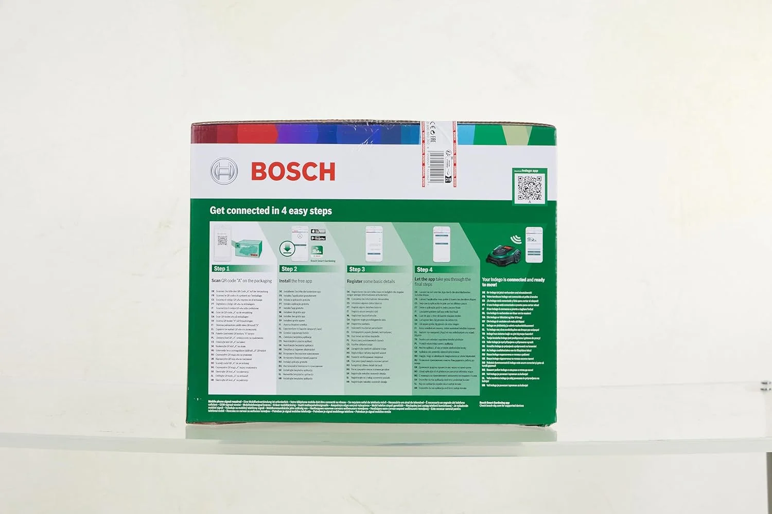 چمن زن رباتیک بوش مدل Home and Garden Indego S+ 500 (به همراه باتری 18 ولت و عملکرد برنامه، شامل ایستگاه شارژ، عرض برش 19 سانتی متر، برای چمن تا 500 متر مربع، در جعبه)، مشکی، سبز