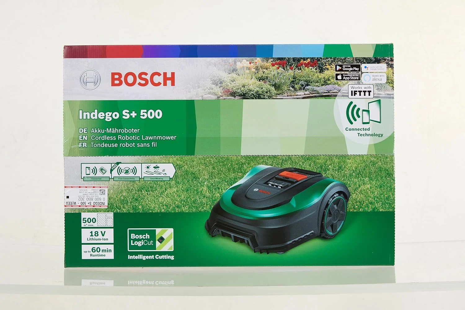 چمن زن رباتیک بوش مدل Home and Garden Indego S+ 500 (به همراه باتری 18 ولت و عملکرد برنامه، شامل ایستگاه شارژ، عرض برش 19 سانتی متر، برای چمن تا 500 متر مربع، در جعبه)، مشکی، سبز