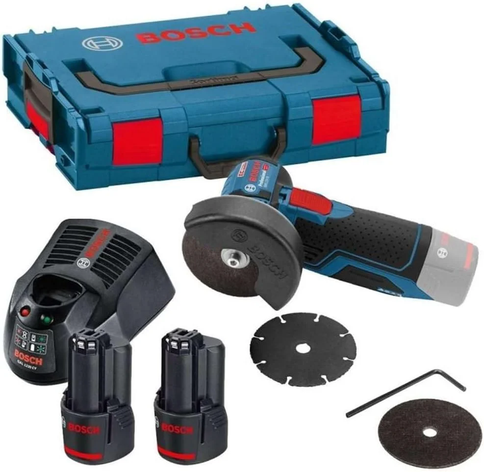 فرز سنگبری بوش Professional Bosch GWS 12V-76 Professional با سرعت 19500 دور در دقیقه، قطر صفحه 7.6 سانتی متر، وزن 700 گرم، رنگ مشکی، آبی، قرمز، میزان صدا 75 دسی بل