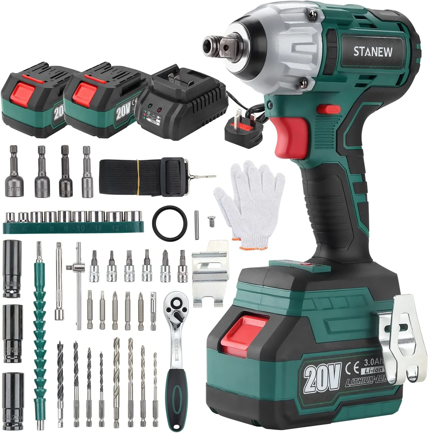 آچار بکس ضربه ای شارژی براشلس 320 نیوتن متری STANEW 20 ولت، آچار مهره برقی ضربه ای با دو عدد باتری 3.0 آمپر ساعت، گشتاور قابل تنظیم، جعبه با 49 قطعه لوازم جانبی