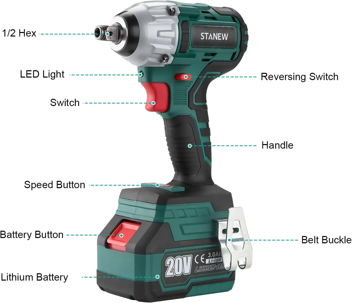آچار بکس ضربه ای شارژی براشلس 320 نیوتن متری STANEW 20 ولت، آچار مهره برقی ضربه ای با دو عدد باتری 3.0 آمپر ساعت، گشتاور قابل تنظیم، جعبه با 49 قطعه لوازم جانبی