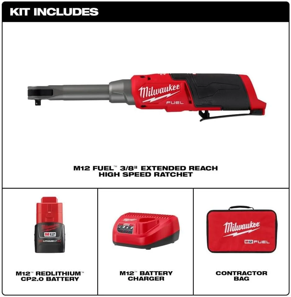 آچار جغجغه ای پرسرعت M12 FUEL میلواکی با درایو 3/8 اینچ و دسترسی طولانی، حداکثر گشتاور 35 فوت-پوند، قرمز