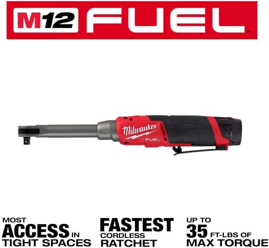 آچار جغجغه ای پرسرعت M12 FUEL میلواکی با درایو 3/8 اینچ و دسترسی طولانی، حداکثر گشتاور 35 فوت-پوند، قرمز