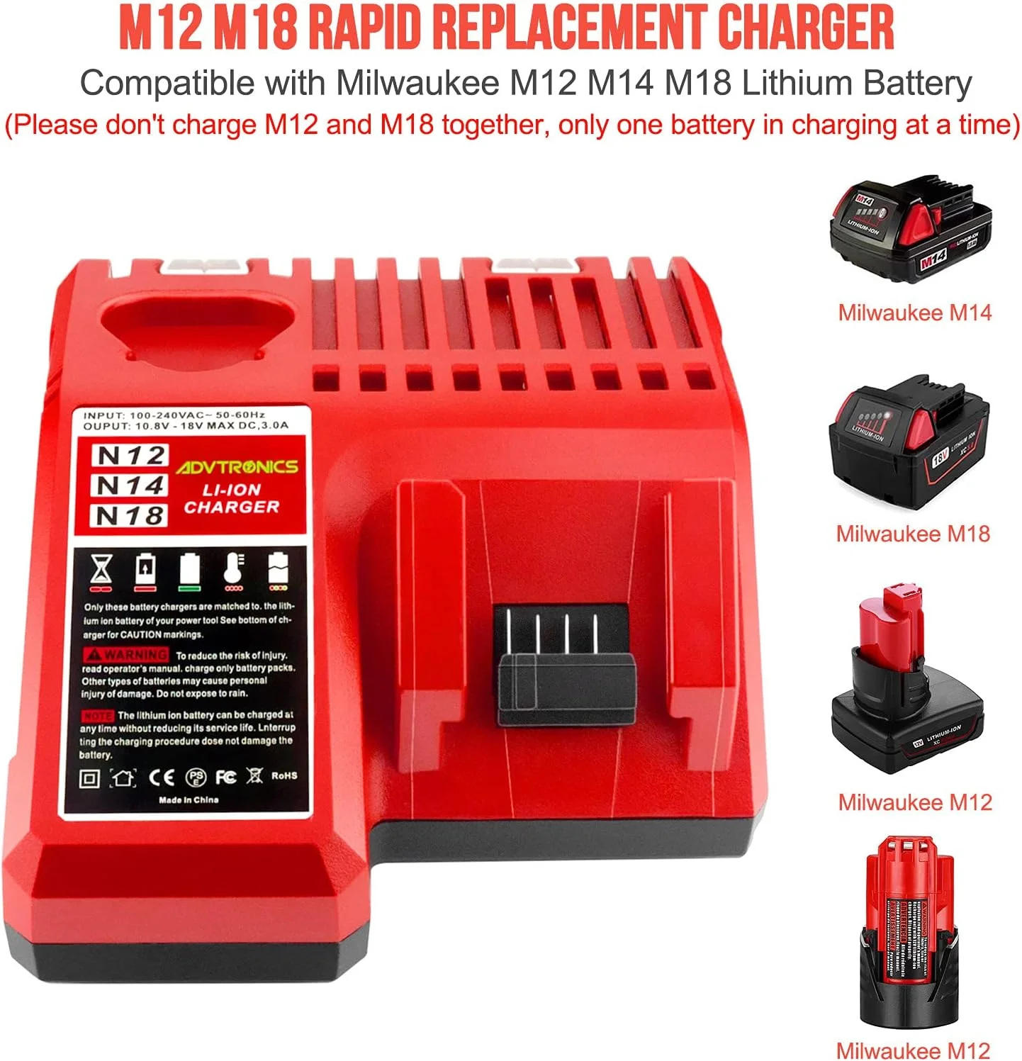 شارژر باتری 3 آمپر 12 تا 18 ولت ADVTRONICS جایگزین شارژر باتری Milwaukee M18 M12 برای Milwaukee M12 M18 48-59-1806 48-59-1840 2710-20 48-11-244 M12B2 M12B4