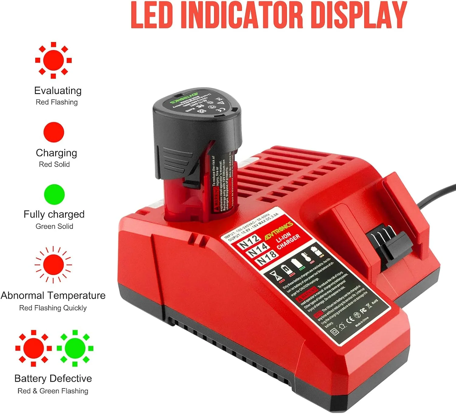 شارژر باتری 3 آمپر 12 تا 18 ولت ADVTRONICS جایگزین شارژر باتری Milwaukee M18 M12 برای Milwaukee M12 M18 48-59-1806 48-59-1840 2710-20 48-11-244 M12B2 M12B4