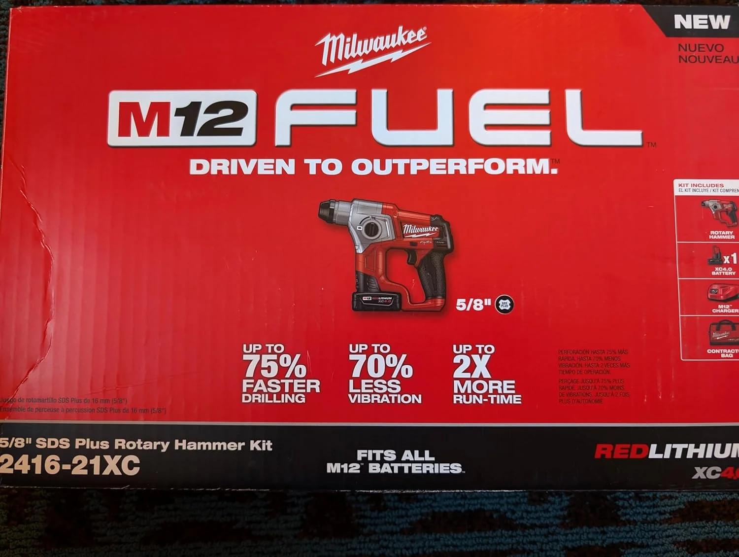 کیت دریل چکشی چرخشی SDS-Plus براشلس 12 ولت M12 FUEL 2416-21XC میلواکی با باتری لیتیوم-یون 4.0 آمپر ساعت و اندازه 5/8 اینچ