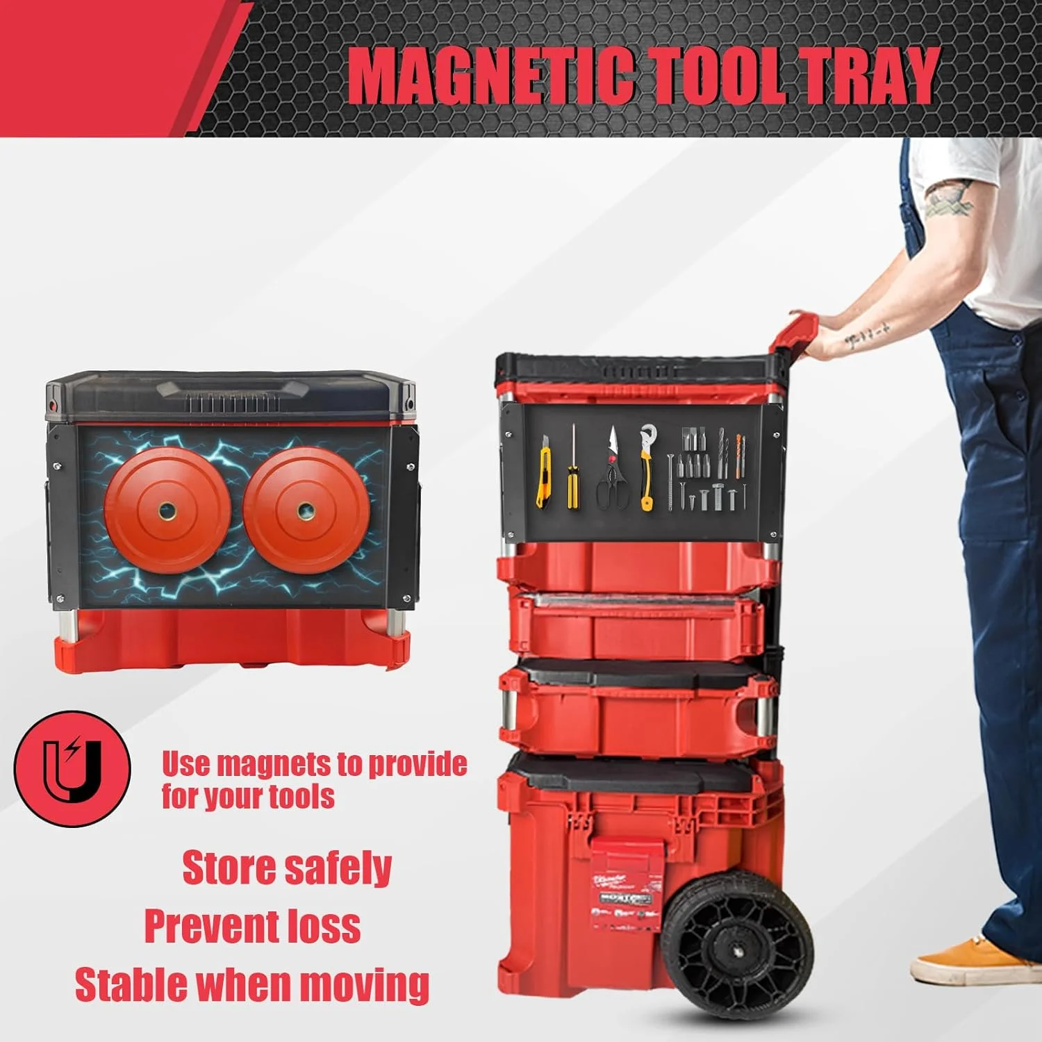 میز تاشو BPOPO سازگار با جعبه ابزار Milwaukee Packout، دارای سینی ابزار مغناطیسی قدرتمند در کنار سیستم PACKOUT شما