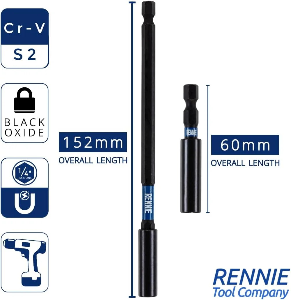 مجموعه 4 عددی نگهدارنده نوک پیچ گوشتی ضربه ای 60 میلی متری و 152 میلی متری Rennie Tool Company، مناسب برای Milwaukee Dewalt Bosch Milwaukee WERA و غیره. میله/نگهدارنده/آداپتور توسعه دهنده مته شش گوش ضربه ای